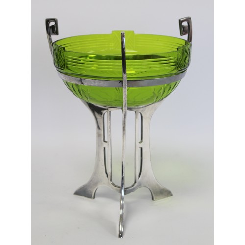 230 - WMF Jungendstil Art Nouveau table centre piece, the green glass bowl with cut decoration on plated p... 