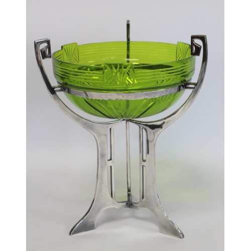 230 - WMF Jungendstil Art Nouveau table centre piece, the green glass bowl with cut decoration on plated p... 