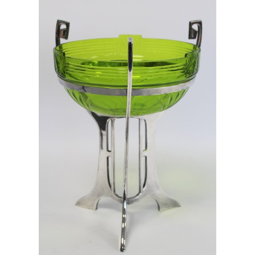 230 - WMF Jungendstil Art Nouveau table centre piece, the green glass bowl with cut decoration on plated p... 