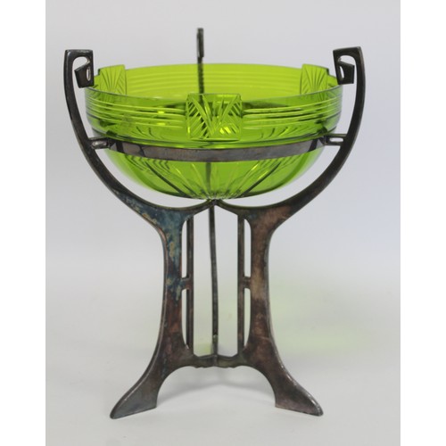 230 - WMF Jungendstil Art Nouveau table centre piece, the green glass bowl with cut decoration on plated p... 