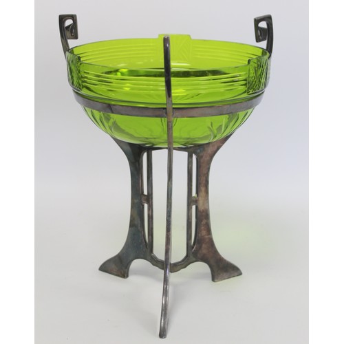 230 - WMF Jungendstil Art Nouveau table centre piece, the green glass bowl with cut decoration on plated p... 