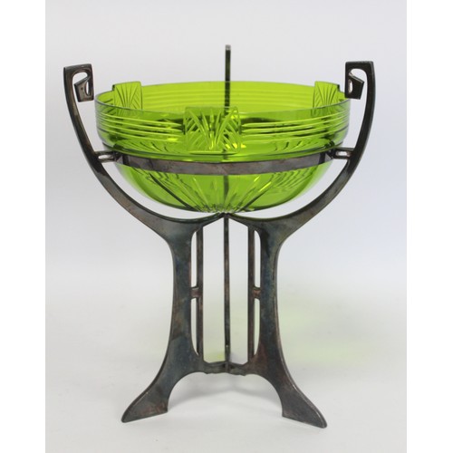 230 - WMF Jungendstil Art Nouveau table centre piece, the green glass bowl with cut decoration on plated p... 