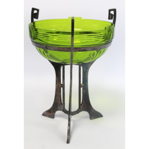 230 - WMF Jungendstil Art Nouveau table centre piece, the green glass bowl with cut decoration on plated p... 