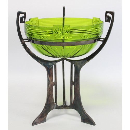 230 - WMF Jungendstil Art Nouveau table centre piece, the green glass bowl with cut decoration on plated p... 