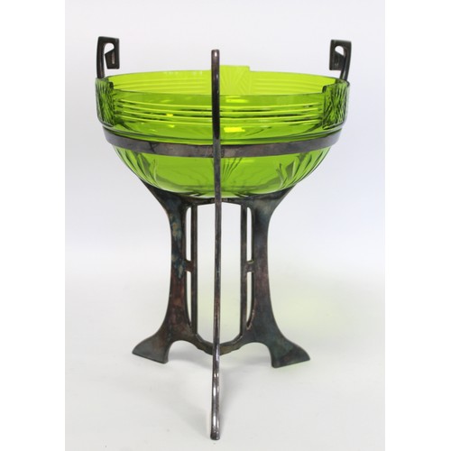 230 - WMF Jungendstil Art Nouveau table centre piece, the green glass bowl with cut decoration on plated p... 