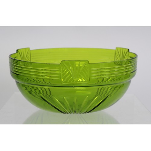 230 - WMF Jungendstil Art Nouveau table centre piece, the green glass bowl with cut decoration on plated p... 