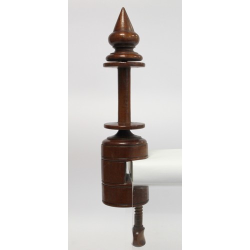 401 - Pair of treen turned walnut bobbin or spool winding clamps, each 28cm long; a carved knitting stick,... 