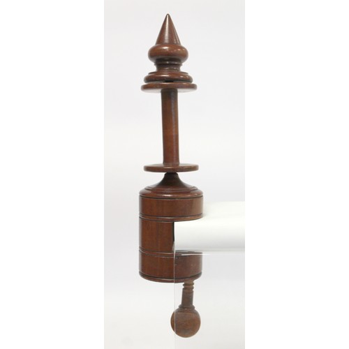 401 - Pair of treen turned walnut bobbin or spool winding clamps, each 28cm long; a carved knitting stick,... 