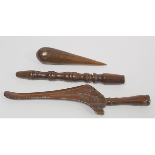 401 - Pair of treen turned walnut bobbin or spool winding clamps, each 28cm long; a carved knitting stick,... 