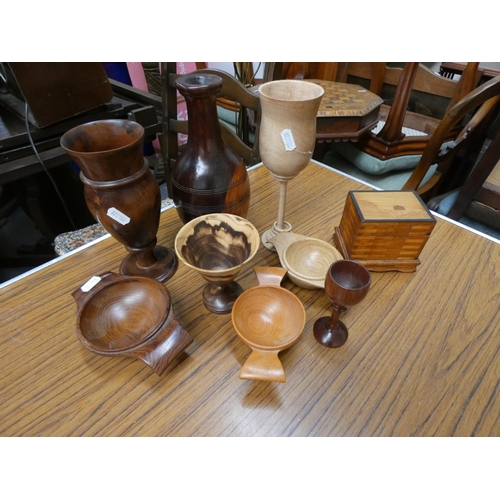 1 - Box of treen items including bowls, vase, goblets, etc.