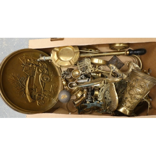 11 - Large box of miscellaneous brassware items including plaque, ash tray, jug, etc.