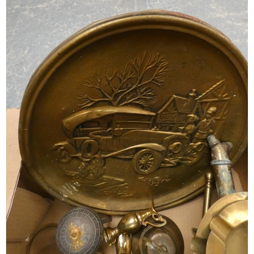 11 - Large box of miscellaneous brassware items including plaque, ash tray, jug, etc.