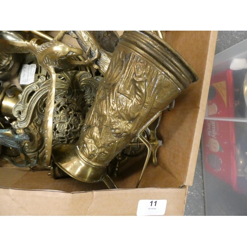 11 - Large box of miscellaneous brassware items including plaque, ash tray, jug, etc.