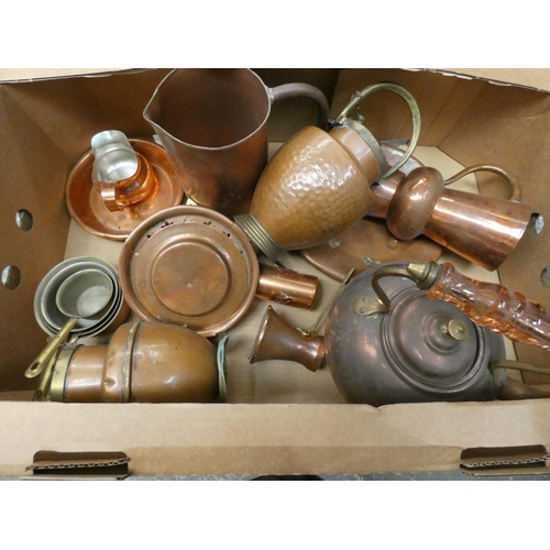 12 - Box of copper ware items including kettles, pots, plates, etc.