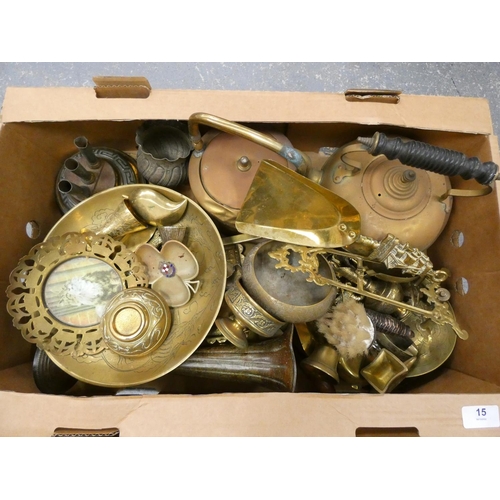 15 - Large box of brass ware items including dishes, kettles, pots, etc.