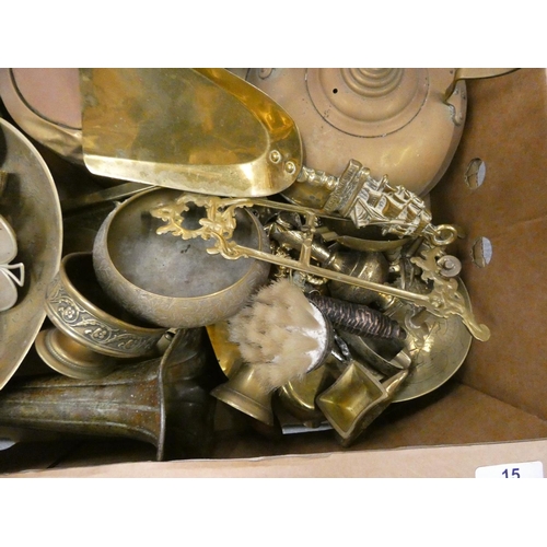 15 - Large box of brass ware items including dishes, kettles, pots, etc.