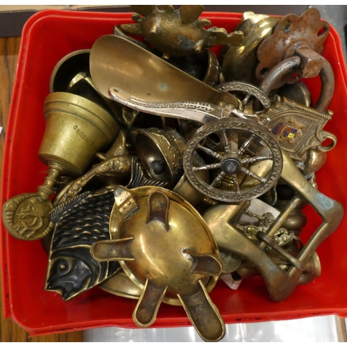 16 - Box of brass curios, bells, animals, etc.