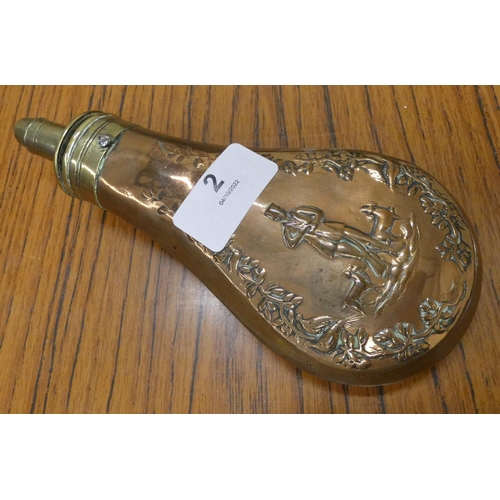 2 - Antique brass and copper powder flask.