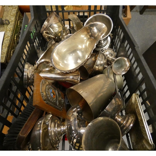 21 - Box of epns items including sauce boats, bowls trophies, etc.