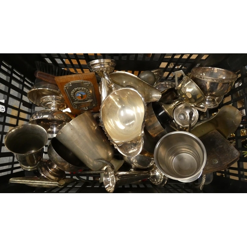 21 - Box of epns items including sauce boats, bowls trophies, etc.