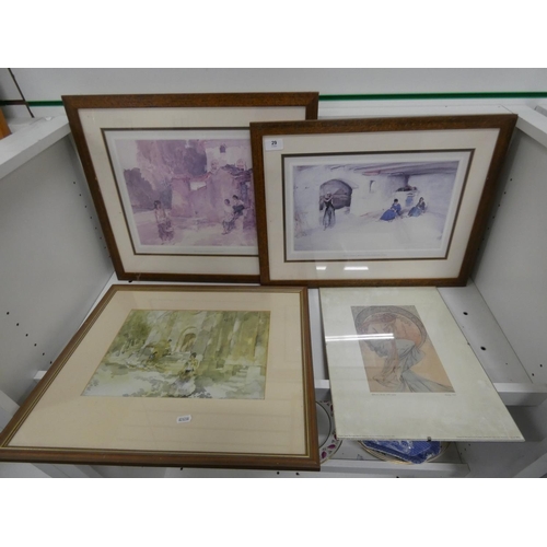 29 - Three William Russell Flint prints and an Alphonse Mucha print, title 'Poetry' 1898.