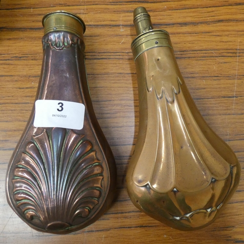 3 - Two antique brass and copper powder flasks.