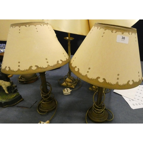 30 - Pair of brass Valshan table lamps. (Electrical testing/re-wiring required).