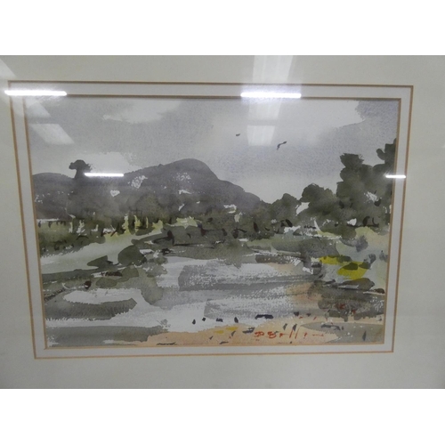 35 - Modern landscape watercolour in dark frame. 