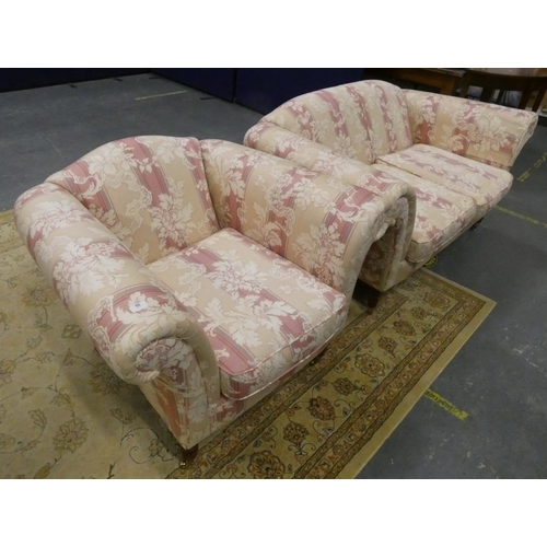 50 - Regency style pink and cream two-seater sofa and matching chair.