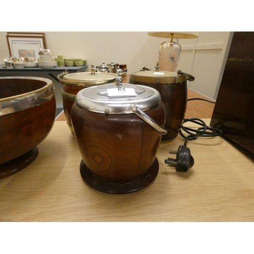 62 - Three treen biscuit barrels and large treen bowl.