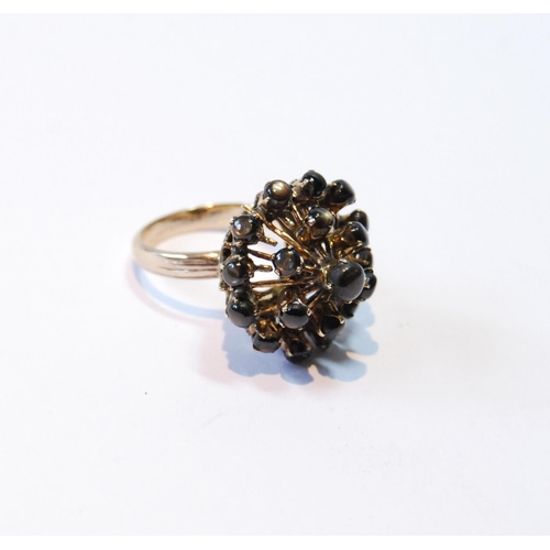 104 - Gold sunburst cluster ring with Australian sapphire cat's eyes, '14k', size O, 7.4g gross.