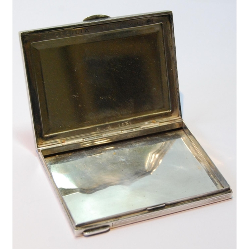 119 - Silver rectangular compact, engine turned with applied gold initials, probably Austrian, 60mm x 80mm... 