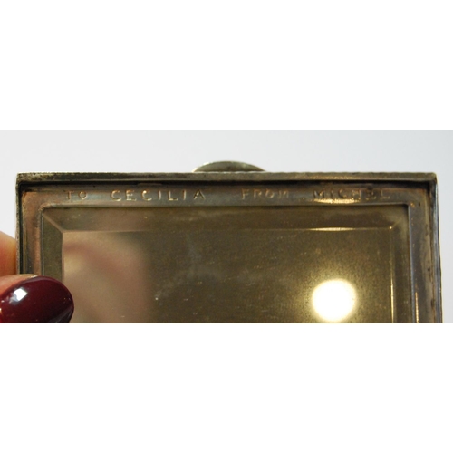 119 - Silver rectangular compact, engine turned with applied gold initials, probably Austrian, 60mm x 80mm... 