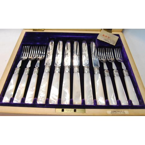 123 - Set of twelve EP fruit knives and twelve forks with pearl handles, inlaid mahogany case.