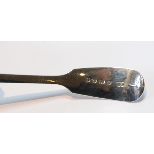 129 - Two silver sauce ladles, 1828 and 1844, and six coffee spoons with inset gem cabochons, '833', 110g ... 