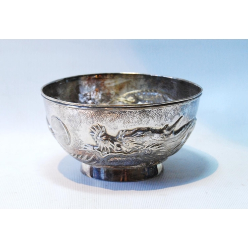 131 - Chinese silver hemispherical bowl, embossed with dragons, by Wang Hing, with character mark, c. 1900... 