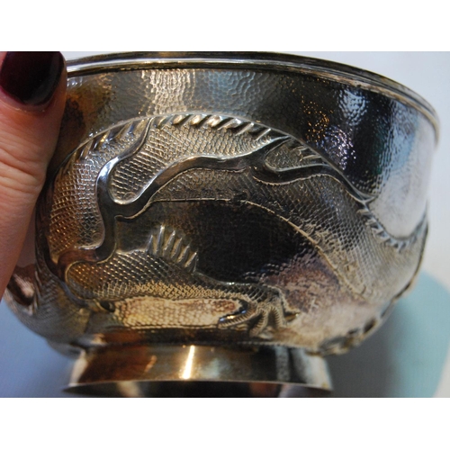 131 - Chinese silver hemispherical bowl, embossed with dragons, by Wang Hing, with character mark, c. 1900... 