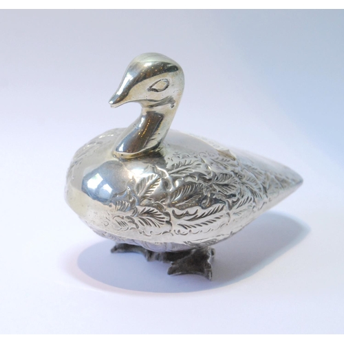 133 - Middle eastern silver box modelled as a duck, 11.5cm, 180g or 5½oz.