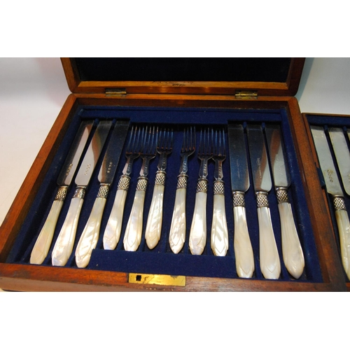 137 - Set of twelve close plated fruit knives and twelve forks with pearl handles, cased.