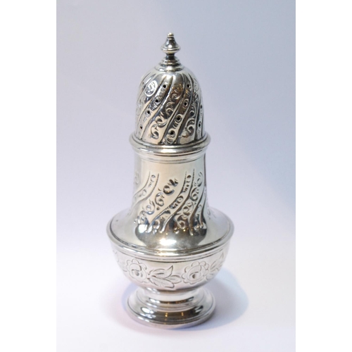 148 - Silver sugar caster of baluster shape, embossed, 1966, 161g or 5oz.