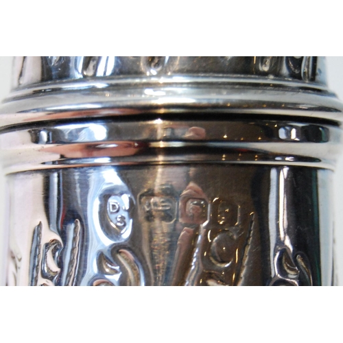 148 - Silver sugar caster of baluster shape, embossed, 1966, 161g or 5oz.