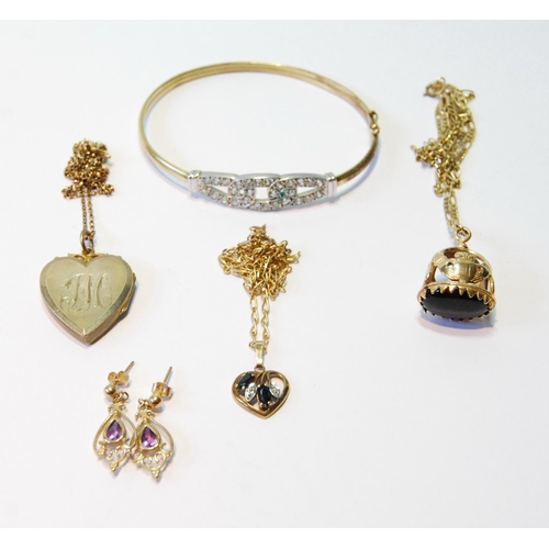 153 - 9ct gold seal charm on necklet, another, a locket and necklet, a pair of drop earrings and a bangle,... 