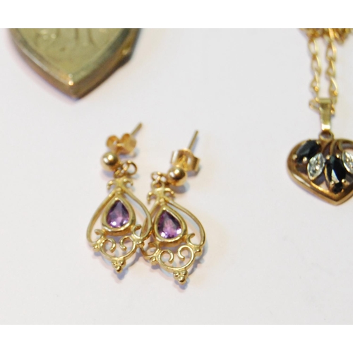 153 - 9ct gold seal charm on necklet, another, a locket and necklet, a pair of drop earrings and a bangle,... 