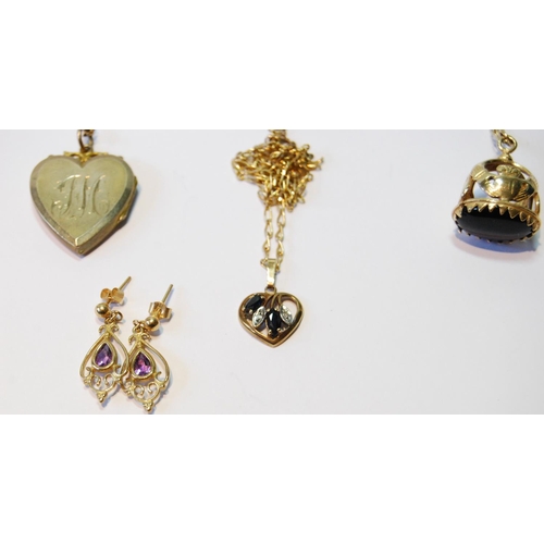 153 - 9ct gold seal charm on necklet, another, a locket and necklet, a pair of drop earrings and a bangle,... 