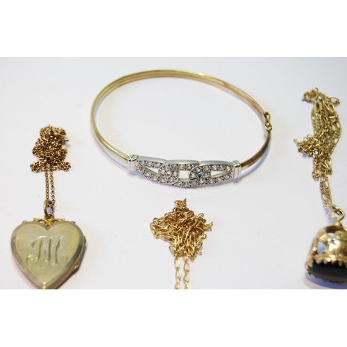 153 - 9ct gold seal charm on necklet, another, a locket and necklet, a pair of drop earrings and a bangle,... 