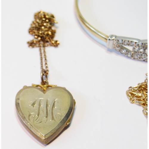 153 - 9ct gold seal charm on necklet, another, a locket and necklet, a pair of drop earrings and a bangle,... 