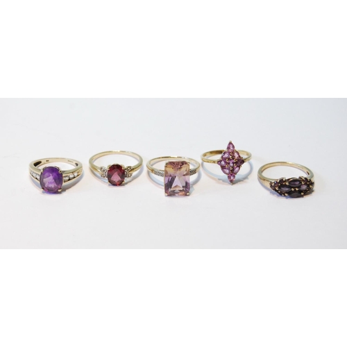 154 - Five gem rings, various, 9ct gold, 14.3g gross.  (5)