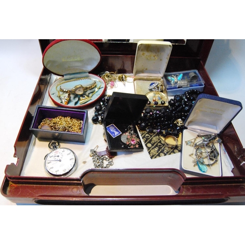 28 - Two lady's bracelet watches, part 9ct gold, and various items of costume and other jewellery, in two... 