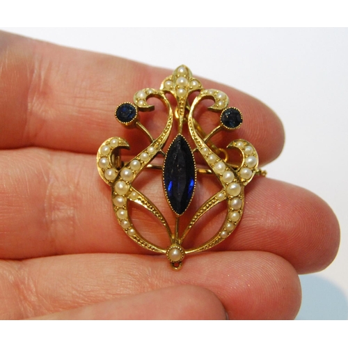 61 - Edwardian gold openwork brooch/pendant with pearls and sapphires, '15ct', 33mm long, also detached d... 