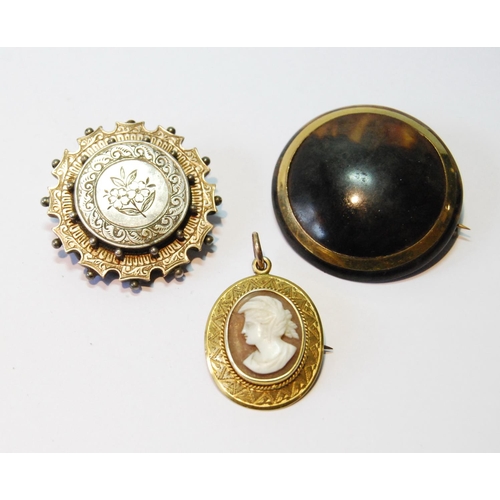 71 - Victorian silver and gold circular brooch, another, with gold band on tortoiseshell, and a Victorian... 